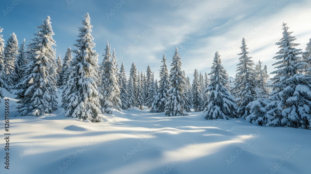 Winter Landscape with Snow-Covered Pine Trees Under Bright Sky Winter Landscape with Snow-Covered Pine Trees Under Bright Sky