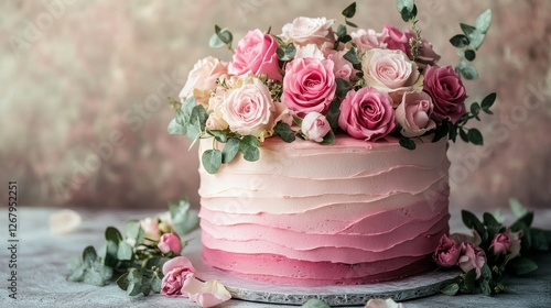 Fototapeta Naklejka Na Ścianę i Meble -  Stunning three-tiered cake decorated with pink and white roses on a rustic wooden table