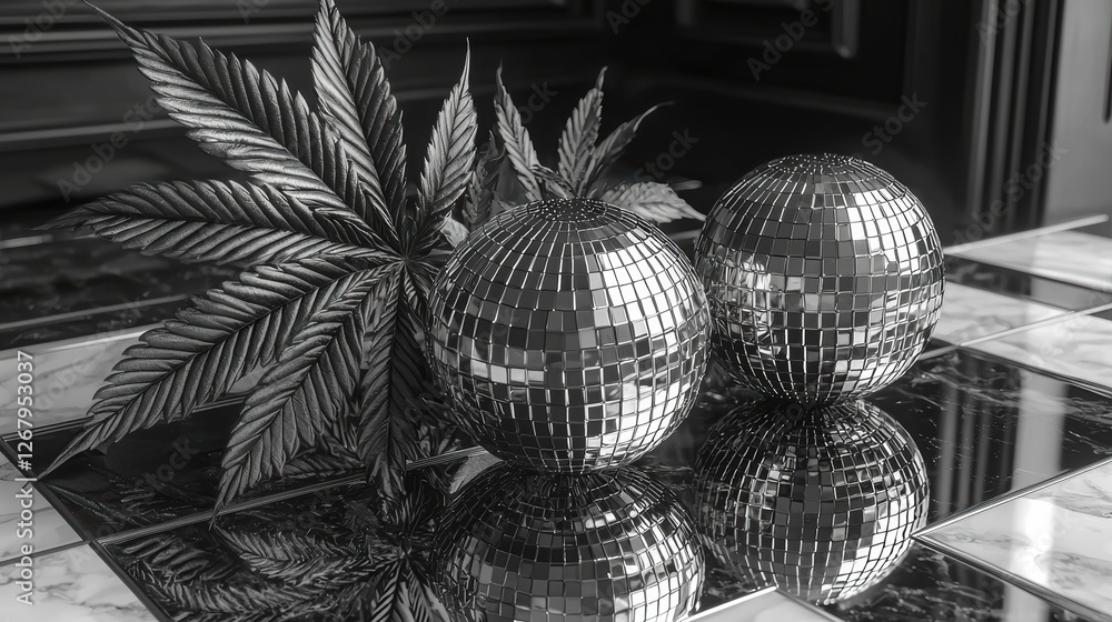 Obraz premium A monochrome still life featuring reflective disco balls and a plant.