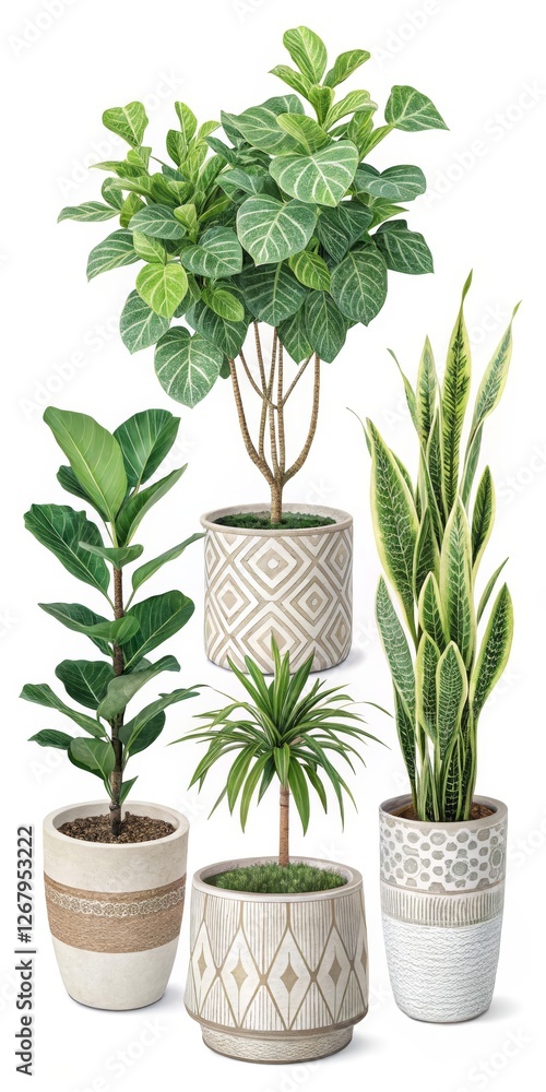 Fototapeta premium Four Potted Plants Isolated on White Background, Houseplants, Indoor Plants
