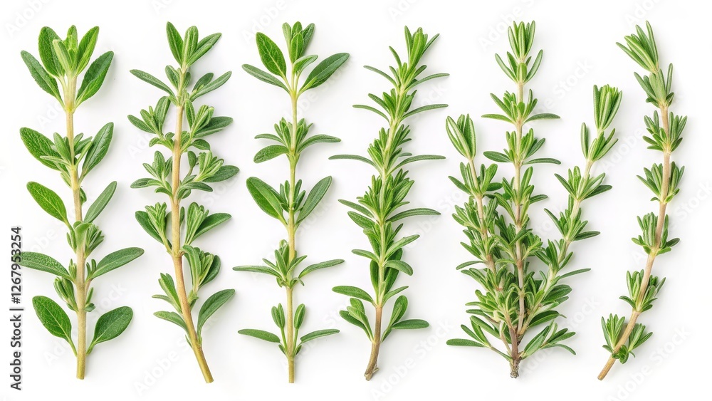 Fototapeta premium Fresh Herb Sprigs Isolated on White Background, Culinary Herbs, Cooking Ingredients