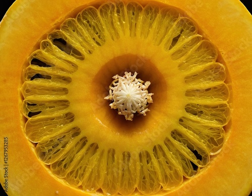 Macro shot of a yellow squash showcasing its intricate patterns and vibrant color. photo