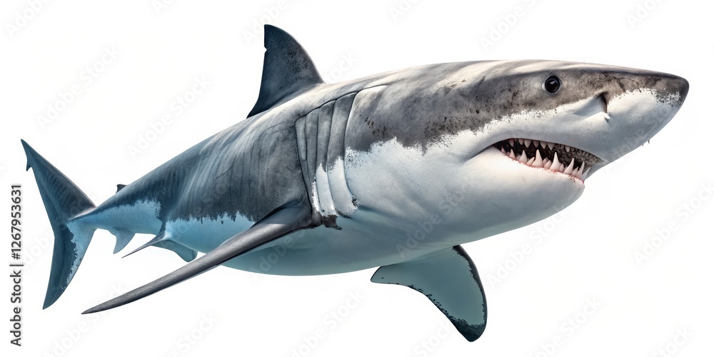 Fototapeta premium Great White Shark, Isolated on White Background, 3D Render, Ocean Predator, Marine Life Shark, Predator