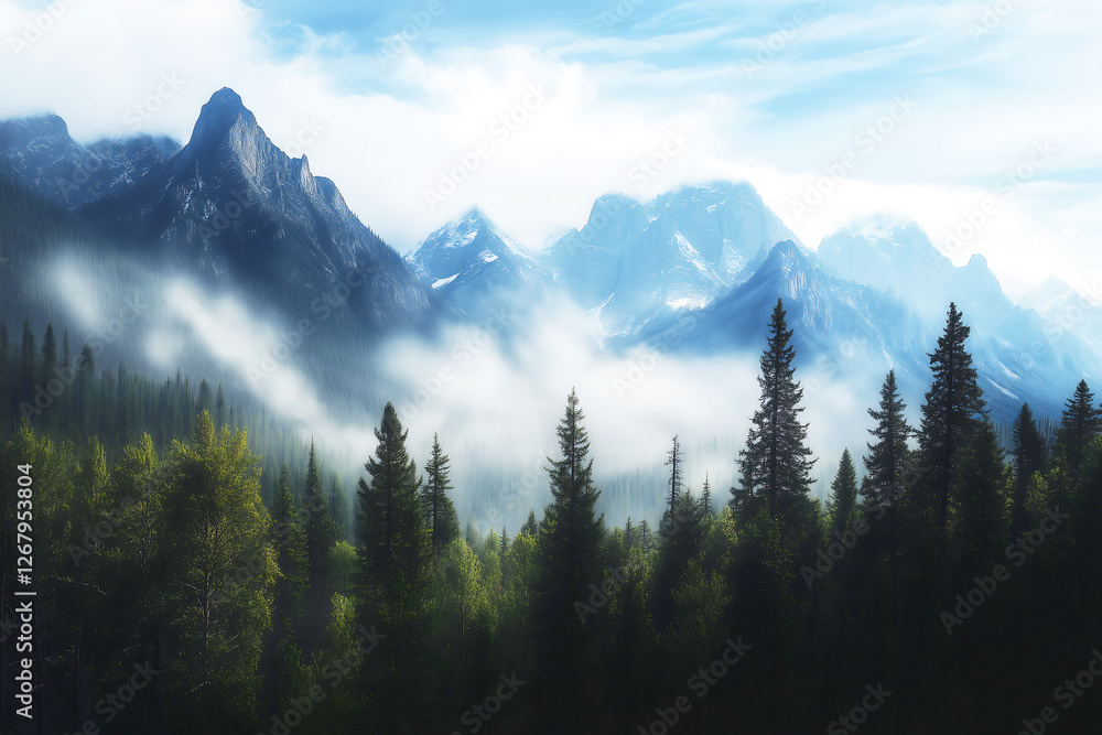 Fototapeta premium Scenic Mountain Forest with Misty Pines - Breathtaking Nature Landscape for Wallpapers, Travel Blogs & Eco-Tourism Promotion