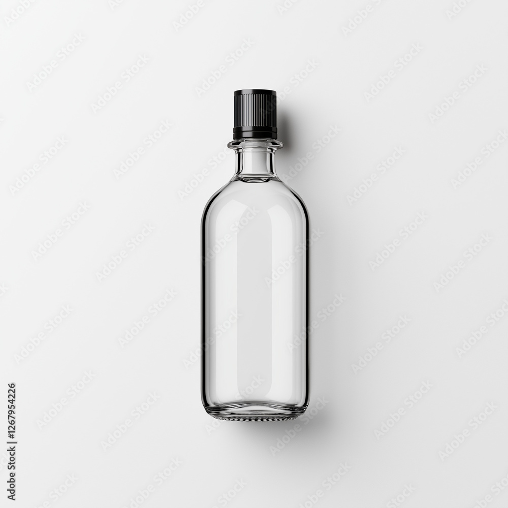 Transparent Glass Bottle with Black Cap on White Background - AI Generated Image Transparent Glass Bottle with Black Cap on White Background - AI Generated Image