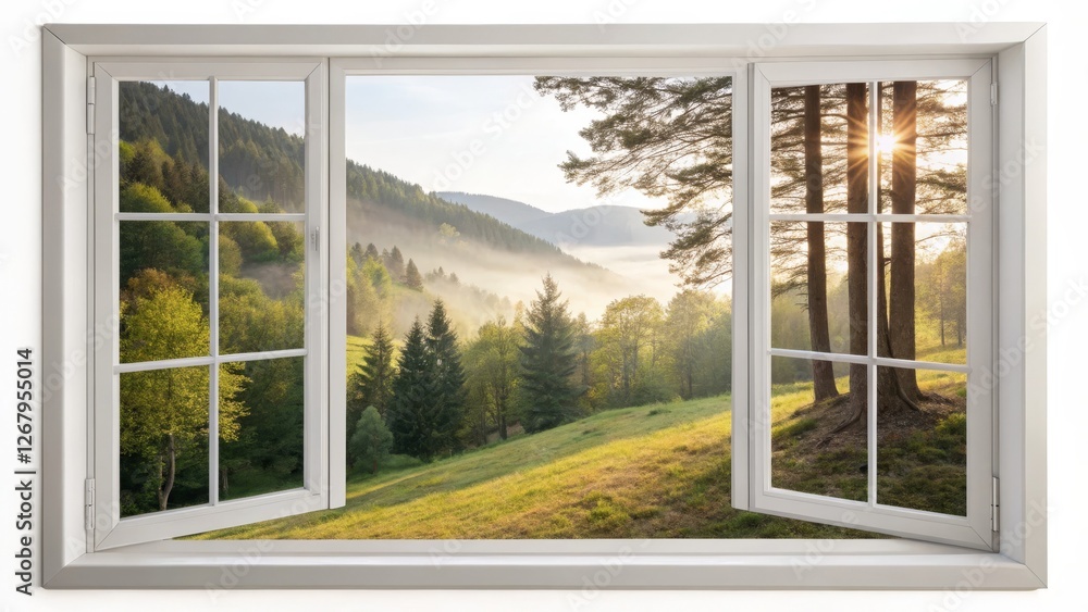 Obraz premium Sunrise Mountain View Through Open Window, Isolated on White Background, nature photography, scenic view