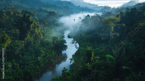 Fototapeta Naklejka Na Ścianę i Meble -  National Geographic A misty jungle river winding through dense tropical vegetation.