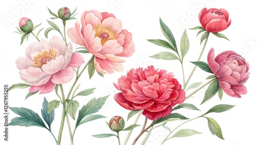 Wallpaper Mural Watercolor Peonies Bouquet, Isolated on White Background, Floral Illustration, Botanical Art, Peony Painting Floral Design, Spring Flowers Torontodigital.ca