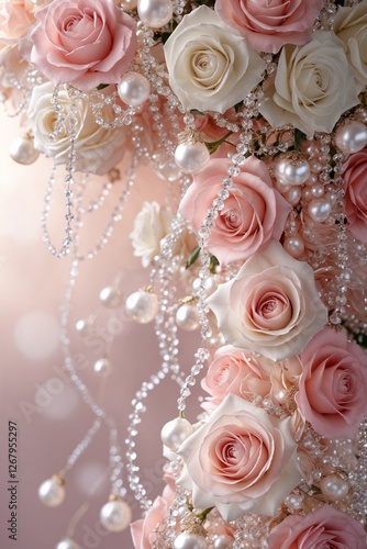 Romantic pink roses background with pearls for wedding designs, perfect for invitations, cards and feminine branding, for wedding invitations, greeting cards, and romantic designs
