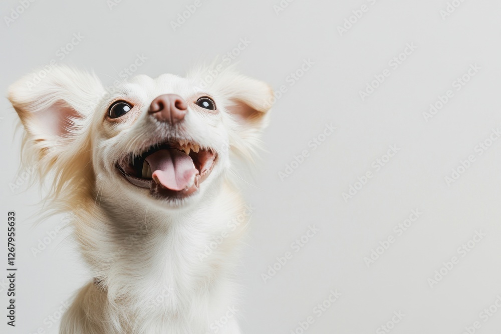 Funny and cheerful dog, white color, on a white background. The concept of care, animal life, health, exhibition. Isolated. A place to copy ads Funny and cheerful dog, white color, on a white background. The concept of care, animal life, health, exhibition. Isolated. A place to copy ads