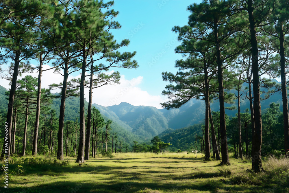Fototapeta premium Scenic Mountain View with Lush Green Forest & Blue Sky - Stunning Landscape for Travel Blogs, Wallpapers & Adventure Tourism