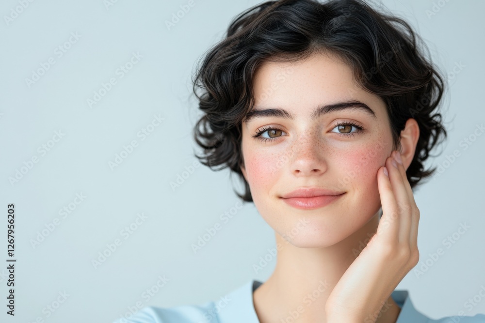 Portrait of a Young Woman with Freckles and Short Curly Hair Portrait of a Young Woman with Freckles and Short Curly Hair