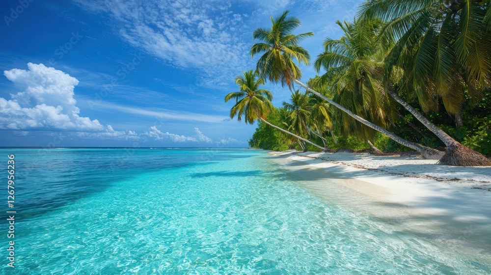 Fototapeta premium National Geographic A tropical beach with palm trees leaning over crystal-clear waters.