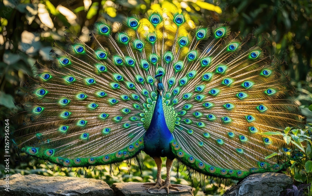 Obraz premium National Geographic Majestic Peacock displaying its vibrant feathers in a lush botanical garden, soft light highlighting the iridescent blues and greens