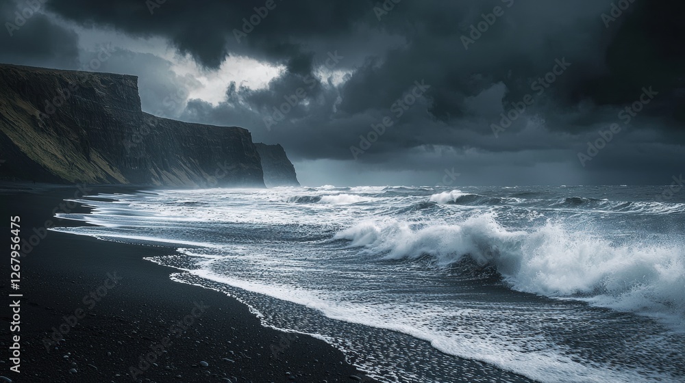National Geographic A volcanic black sand beach with crashing waves under stormy skies. National Geographic A volcanic black sand beach with crashing waves under stormy skies.