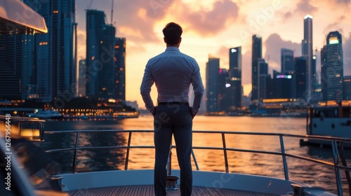 Multimillionaire entrepreneur standing on the deck of a private yacht, city skyline glowing in the sunset.