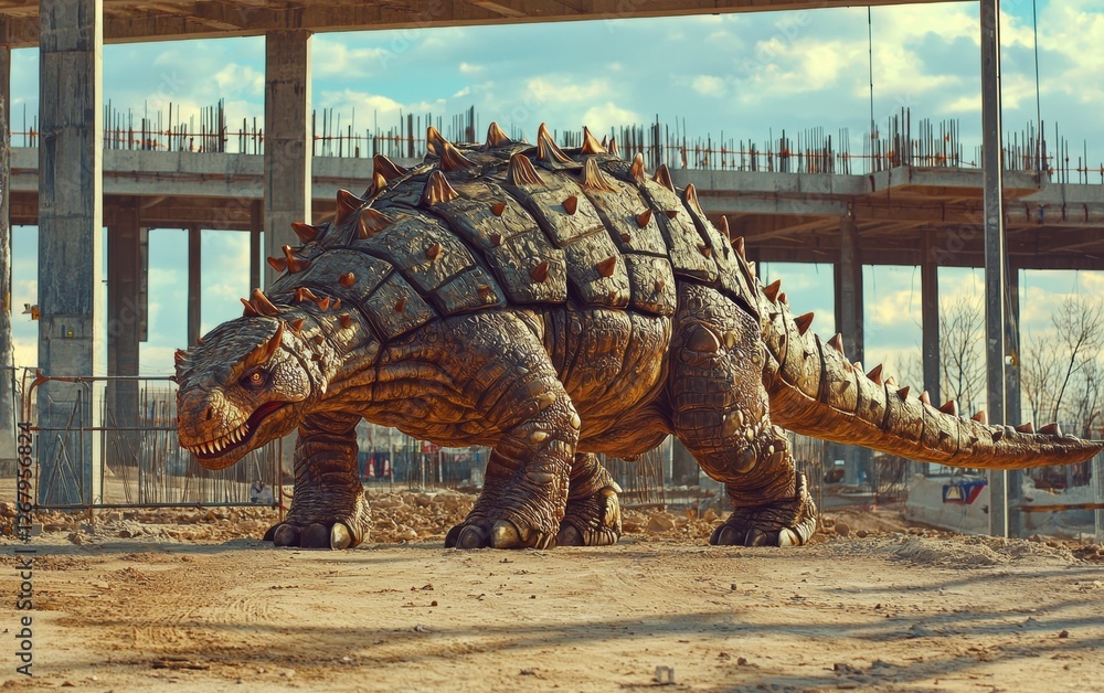 Fototapeta premium National Geographic Ankylosaurus wandering through a construction site, accidentally knocking over steel beams with its powerful tail