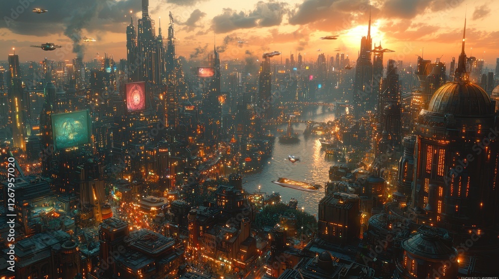Obraz premium Futuristic Cityscape at Sunset Overlooking a River