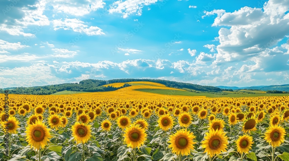 Fototapeta premium Vibrant Sunflower Field Under Clear Blue Sky with Fluffy Clouds