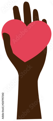 Brown hand sticker holding a red heart. The image represents love, kindness, generosity, charity and support. The simple and modern design makes it ideal for concepts related to community service, hum