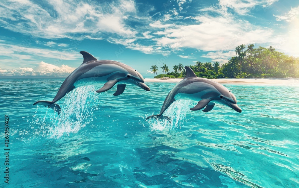 Obraz premium , National Geographic Playful Dolphins leaping out of crystal-clear turquoise water, splashes shimmering in the sun, tropical islands in the distance