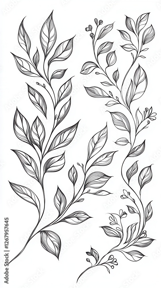 Elegant Hand-Drawn Floral Elements with Leaves and Blossoms Elegant Hand-Drawn Floral Elements with Leaves and Blossoms