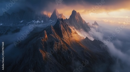 National Geographic A dramatic sunrise over jagged mountain peaks covered in mist.