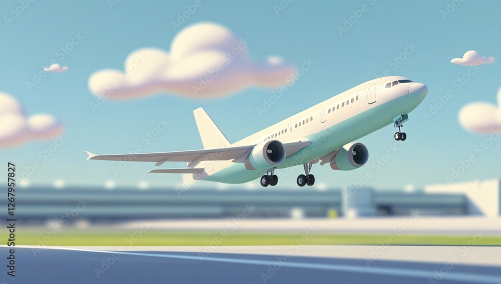 Obraz premium Airplane, Cartoon Airplane, Airplane Taking Off, Airport, Cartoon, Background Image, Travel, Trip, Propeller, Sky, Soaring, Flying, Takeoff, Landing, Illustration, Terminal, Minimalist, Minimalist Sty