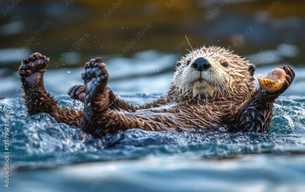 National Geographic Curious Sea Otter floating on its back, cracking open a shell with a small rock, soft waves rolling around it National Geographic Curious Sea Otter floating on its back, cracking open a shell with a small rock, soft waves rolling around it