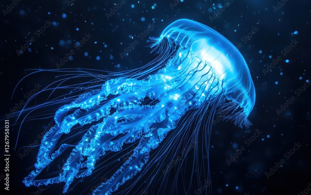 National Geographic Electric Blue Jellyfish pulsating gracefully through the dark ocean depths, its glowing tentacles leaving a mesmerizing trail National Geographic Electric Blue Jellyfish pulsating gracefully through the dark ocean depths, its glowing tentacles leaving a mesmerizing trail