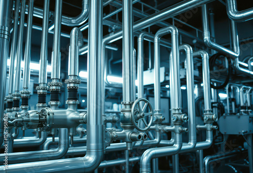 Complex network of stainless steel pipes, gauges, and valves is showcased in an industrial environment, highlighting intricate engineering design.
