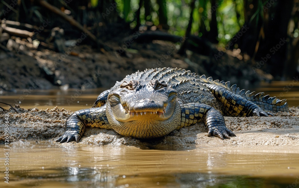 Obraz premium National Geographic Fierce Crocodile basking on a muddy riverbank, rough skin glistening in the tropical sun, sharp teeth barely visible beneath a sly grin