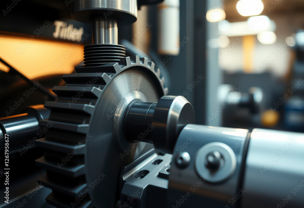 Fototapeta premium Close up of an industrial CNC gear grinding machine showcasing precise engineering and intricate gear design during a machining process.
