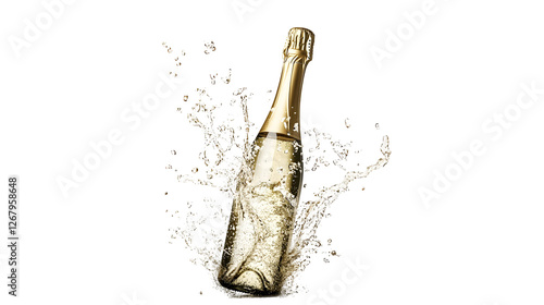 A bottle of champagne popping open, with sparkling liquid splashing out.