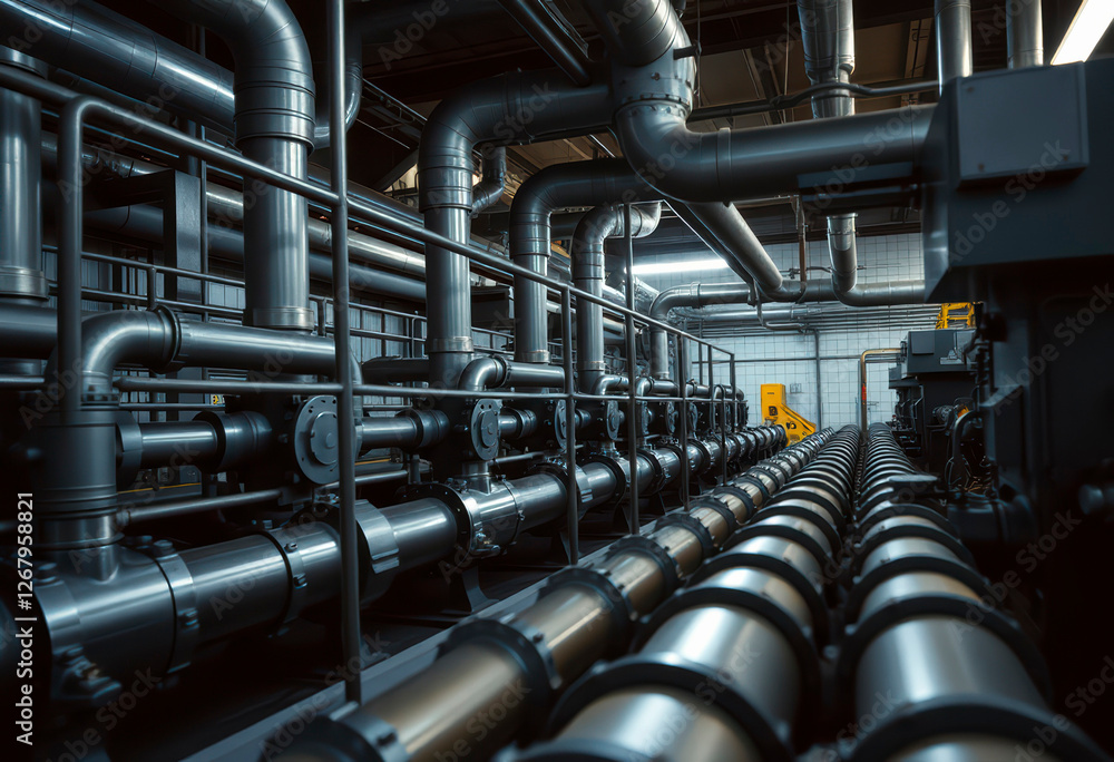 Complex array of pipes and machinery fills the interior of an industrial water pumping station, emphasizing the infrastructure in use.