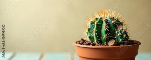 Prickly cactus with small striped succulent and brown pot, cacti, succulents, offshoot