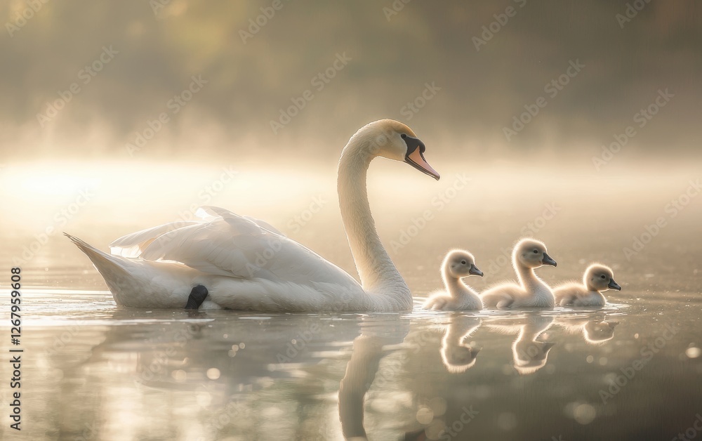 Obraz premium National Geographic Graceful Swan family swimming in a glassy lake, tiny cygnets trailing behind their elegant mother, soft light reflecting off the water