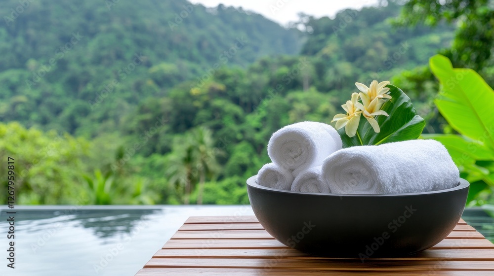 Elegant Arrangement of Rolled White Towels in Bowl with Flower Against Lush Mountain Landscape Elegant Arrangement of Rolled White Towels in Bowl with Flower Against Lush Mountain Landscape