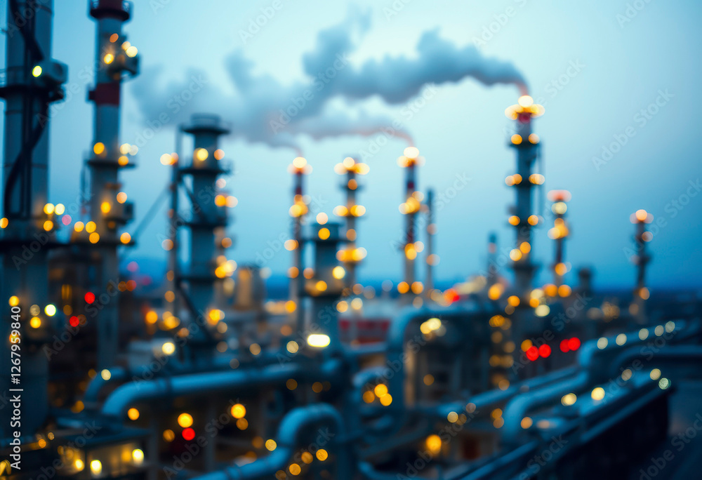 Fototapeta premium Smoke rises from towers at an oil refinery, illuminating the facility against the darkening sky at dusk.