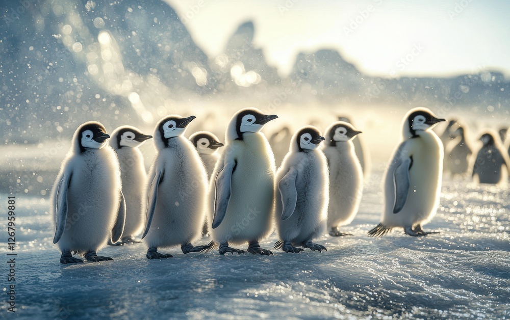 Obraz premium National Geographic Group of Emperor Penguins waddling across a frozen Antarctic landscape, tiny chicks huddling close for warmth, icy wind swirling around them