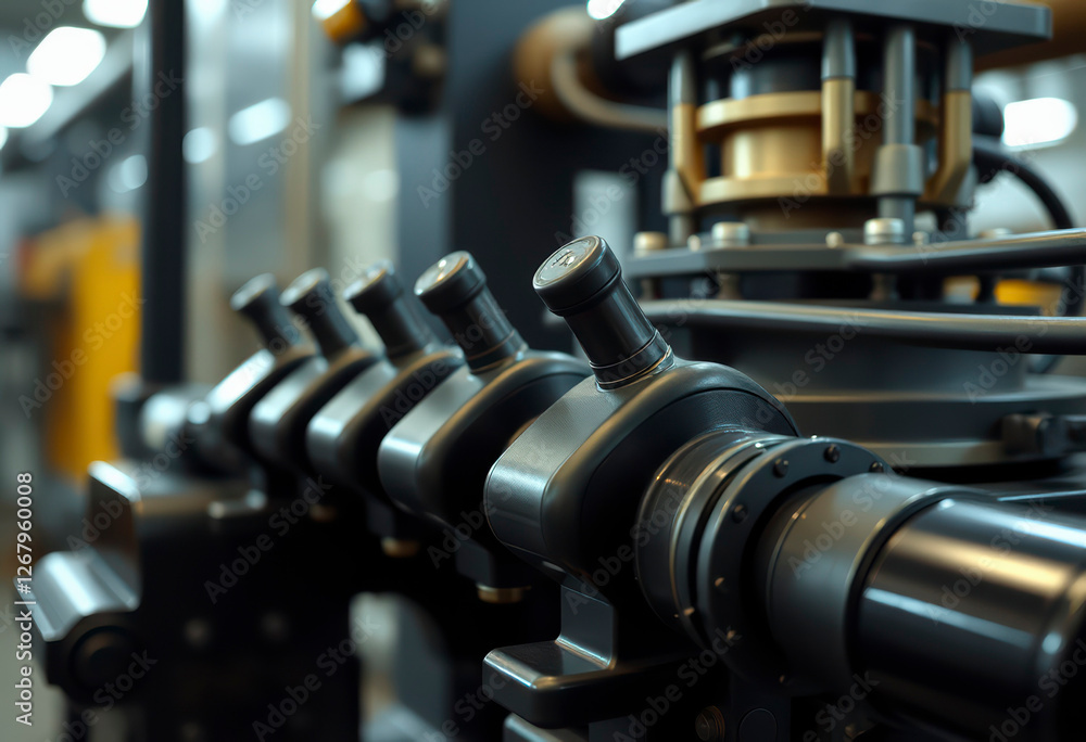 Naklejka premium Control levers of a hydraulic machine revealed within a modern industrial setting, highlighting intricate components and operational design.