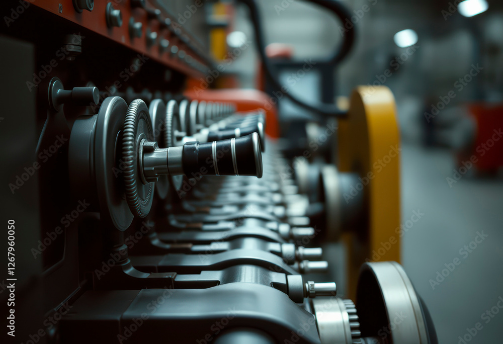 Fototapeta premium Control levers of a hydraulic machine revealed within a modern industrial setting, highlighting intricate components and operational design.