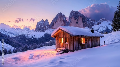 National Geographic A small wooden cabin in a snowy mountain valley at dawn.