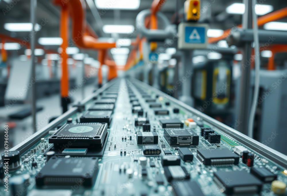 Conveyor system transports printed circuit boards with advanced processing units at an electronics factory during operational hours. Conveyor system transports printed circuit boards with advanced processing units at an electronics factory during operational hours.