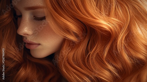 Redhead woman, wavy hair, close-up portrait, dark background, beauty