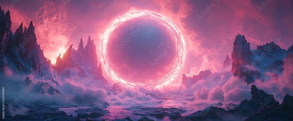 Fototapeta premium Pink portal fantasy landscape; mountains, clouds, game background