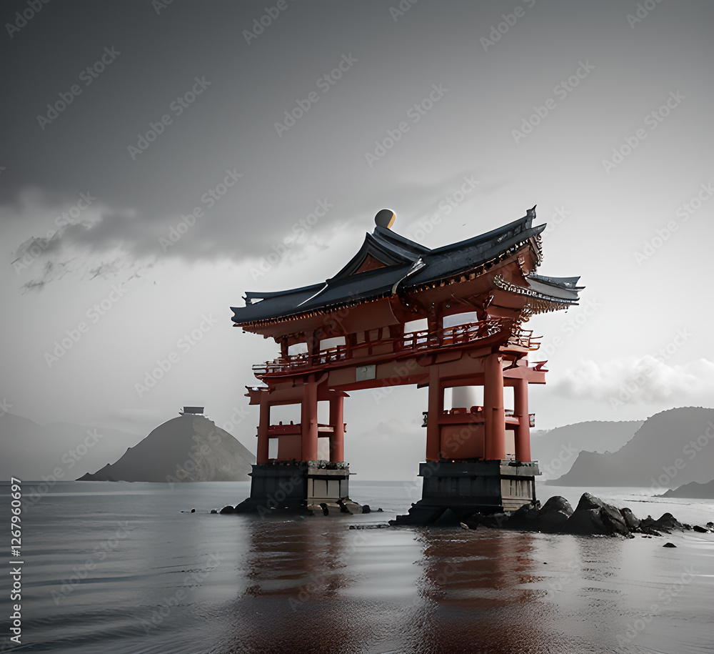 Editable Traditional Chinese Building Illustration in Flat Monochrome Style for Artwork Element of Oriental History and Culture Related Design.generative ai Editable Traditional Chinese Building Illustration in Flat Monochrome Style for Artwork Element of Oriental History and Culture Related Design.generative ai