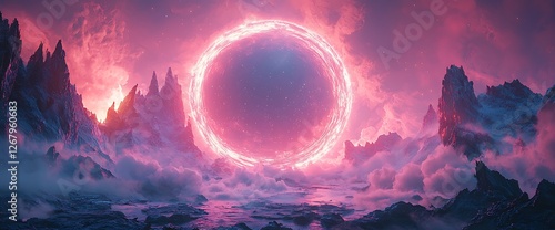 Pink portal fantasy landscape; mountains, clouds, game background