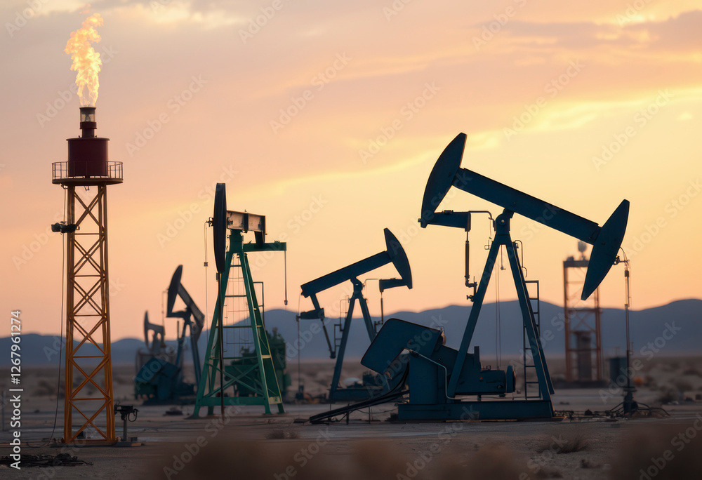 Oil derricks silhouetted against a sunset in the desert illustrate the effects of rising oil prices due to ongoing conflicts globally. Oil derricks silhouetted against a sunset in the desert illustrate the effects of rising oil prices due to ongoing conflicts globally.