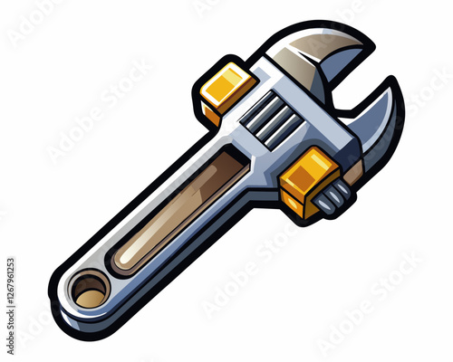 vector illustration of a single adjustable wrench, ultra-detailed, metallic texture, isolated on a white background.